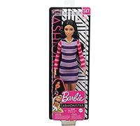 Barbie Fashionistas Doll #147 with Long Brunette Hair Wearing Striped Dress, Orange Shoes & Necklace, Toy for Kids 3 to 8 Years Old