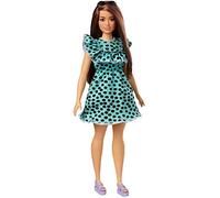 Barbie Fashionistas Doll #149 with Long Brunette Hair Wearing Graphic Black & Aqua Polka-Dot Dress, Purple Sandals & Sunglasses, Toy for Kids 3 to 8 Years Old