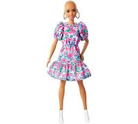 Barbie Fashionistas Doll #150 with No-Hair Look Wearing Pink Floral Dress, White Booties & Earrings, Toy for Kids 3 to 8 Years Old, GHW64