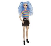 Barbie Fashionistas Doll #170 with Long Blue Crimped Hair, Star Face Makeup, Multi-colour Striped Tee, Denim Skirt, Black Boots & Silvery Chain Belt, Toy for Kids 3 to 8 Years Old, GRB61