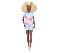 Barbie Fashionistas Doll #180 - Blonde Afro, Tie-Dye Romper & Bracelet - Fashion Style - Tall Design - Reusable Vinyl Carry Bag - Gift for K