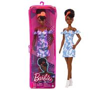 Barbie Fashionistas Doll #185, Black Up-do Hair, Off-shoulder Bleached Denim Dress, Orange Bandana, White Boots, Toy for Kids 3 to 8 Years Old
