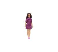Barbie Fashionistas Doll #188, Curvy, Black Hair, Pink & Black Checkered Dress, Love Necklace, Pink Sneakers, Toy for Kids 3 to 8 Years Old