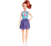 Barbie Fashionistas Doll #232 with Red Hair, Wearing Sporty “B” Jersey Top and Pleated Purple Skirt with Watch and Sneakers, HYT90