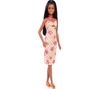 Barbie Fashionistas Doll #233 with Black Hair, Wearing Checkered Orange and Pink Flower Midi Dress with Necklace and Sandals, HYT91