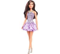 Barbie Fashionistas Doll #234 with Brown Hair, Wearing Sequined Purple Bubble Dress with Satiny Skirt, Silvery Necklace and Heels, HYT92