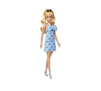 Barbie Fashionistas Doll #237 with wavy blonde hair tied into a braid and blue halter dress with bow, black hair bow and matching blue heels HYT93