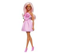 Barbie Fashionistas Doll #238 with Pastel Pink Hair Wearing Strapless Dress with Rose Bodice, Pearly Barrette Accessory and Strappy Pink Heels, HYT94