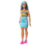 Barbie Fashionistas Doll #218 with Long Blue Hair, Rainbow Top & Teal Skirt, 65th Anniversary Collectible Fashion Doll, HRH16