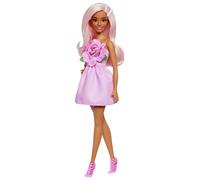 Barbie Fashionistas Doll #238 with Pastel Pink Hair Wearing Strapless Dress with Rose Bodice, Pearly Barrette Accessory and Strappy Pink Heels, HYT94