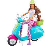 Barbie Travel Playset with Fashionistas Travel Doll (11.5 in Brunette) and Scooter, Pet Puppy, Stickers & Trav