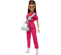 Barbie Doll in Trendy Pink Jumpsuit with Storytelling Accessories and Pet Puppy, Brown Hair in High Ponytail, HPL76,Multicolor,Medium