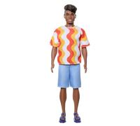 Barbie Fashionistas Ken Doll #220 with Behind-the-Ear Hearing Aids & Broad Body Wearing a Removable Orange Patterned Shirt, Shorts & Jelly Sandals, HRH23