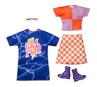 Barbie Fashions 2-Pack Clothing Set, 2 Outfits Doll Include Color-Blocked Shirt with Checkered Skirt, “GRL PWR” Dress & 2 Accessories