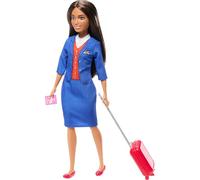 Barbie Flight Attendant Brunette Fashion Doll in Removable Blue Uniform, Includes Wheeled Luggage Case, Headphones and Passport Accessories