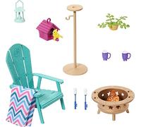 Barbie Furniture Age 3+ and Accessory Pack, Barbie Doll House Décor, Backyard Patio, Bonfire, Birdfeeder and Birdhouse, Kids Toys and Gifts