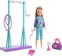 BARBIE ● Team Stacie Doll Gymnastics Playset Spinning Bar + 7 Themed Accessories