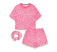 Barbie Girls Pyjama Set | Childrens Wavy All Over Print Pink Short Sleeve Top & Shorts Graphic PJs Bundle with Scrunchie | Doll Apparel Complete Matching Nightwear Set | Merchandise Gift for Kids