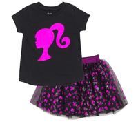 Barbie Girls Metallic Print T-Shirt and Tulle Mesh Skirt for Toddlers to Big Kids, Black / pink film, 6