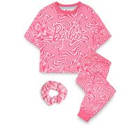 Barbie Girls Pyjama Set | Childrens Wavy All Over Print Pink Short Sleeve Long Leg Graphic PJs Bundle with Scrunchie | Doll Toy Apparel Complete Matching Nightwear Set | Merchandise Gift for Kids