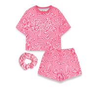 Barbie Girls Pyjama Set | Childrens Wavy All Over Print Pink Short Sleeve Top & Shorts Graphic PJs Bundle with Scrunchie | Doll Apparel Complete Matching Nightwear Set | Merchandise Gift for Kids