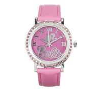 Barbie Glitter Analog Watch for Girls with Pink Strap and Silver Bezel Featuring Barbie Logo and Silhouette Art, Roman Numeral Markers, Box Included, Fits Wrists 5.5"-8"