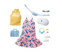 Barbie Fashions Storytelling Fashion Pack- Pink Dress with Dinosaur, Yellow Shirt - Inspired by Popular Brand Roxy, Complete Look with Outfit & Accessories, Gift for Kids 3 to 8 Years Old