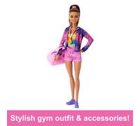Barbie Gymnastics Doll & Accessories, Playset with Brunette Fashion Doll, C-Clip for Flipping Action, Balance Beam, Warm-Up Suit & More, HRG53