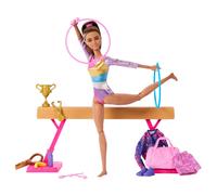 Barbie Gymnastics Doll & Accessories, Playset with Brunette Fashion Doll, C-Clip for Flipping Action, Balance Beam, Warm-Up Suit & More, HRG53