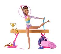 Barbie Gymnastics Doll & Accessories, Playset with Brunette Fashion Doll, C-Clip for Flipping Action, Balance Beam, Warm-Up Suit & More, HRG53