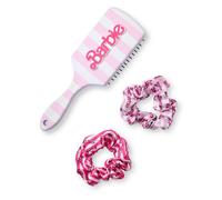 Barbie Womens Hair Brush and Scrunchie Set | Adults Retro Stripe Print Bobble and Paddle Brush with 3D Barbie Logo in Pink | Detangling Cushion Brush and Hair Band | Cartoon Movie Merchandise Gift
