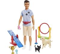 Barbie Ken Dog Trainer Playset with Doll, 2 Dog Figures, Hoop Ring, Balance Bar, Jumping Bar, Trophy and 2 Winner Ribbons for Ages 3 and Up, GJM34