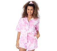 Barbie Ladies 3 Piece Co-Ord Set | Pink Towelling Tie Dye Beach Cover Up Set For Women | Shirt, Shorts & Scrunchie Hair Bobble Complete Set Logo Swimwear Merchandise Gift for Adults