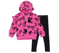 Barbie Little Girls Drop Shoulder Pullover Fleece Hoodie and Leggings Outfit Set Logo Pink/Black 7-8