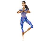 Barbie Made to Move Doll with 22 Flexible Joints & Curly Brunette Ponytail Wearing Athleisure-wear for Kids 3 to 7 Years Old, GXF06, Blue, Purple