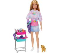Barbie Stylist Doll & 14 Accessories, Blonde Barbie 'Malibu' Fashion Doll On-set with Cart, Smock, Makeup Palette, Pet Puppy & More, HNK95