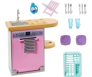 Barbie Mobilier HJV34 Doll Set with Dishwasher, Tableware and Accessories