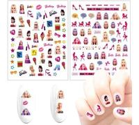 Barbie Nail Art Sticker, Cute Cartoon Nail Art Decals, 3D Self-Adhesive Nail Stickers, Kawaii Designer Anime Nail Stickers for Girls, Children, Women, Manicure Tips, Decoration (2 Sheets