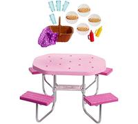 Barbie Outdoor Furniture, Pink Picnic Table with Adjustable Seats and Hot Dog Picnic for 4