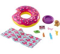 Barbie Outdoor Furniture Set with Donut Floatie (Really Floats), Water-Squirting Puppy Toy and 8 Themed Accessories