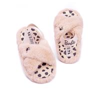 Barbie Girls Slippers | Kids Doll Logo Slip On Fluffy Pink House Sliders | Children Teens Leopard Animal Insoles Cross Strap Shoes With Supportive Strap