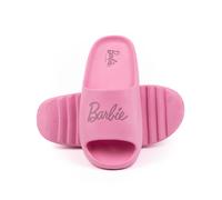 Barbie Womens Sliders | Pink Moulded Ridge Bottom Sandals For Ladies | Fashion Doll Classic Logo Beachwear & Summer Pool Shoes | Slip-on Footwear Movie Merchandise Gift for Adults