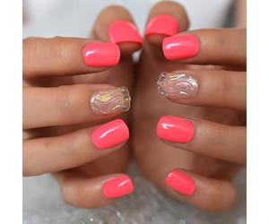 Barbie Pink Swirl Clear Fake Nails Glossy Full Cover Solid Color Gel Nails Short Squoval Acrylic False Nail Art Tips DIY Nail Home