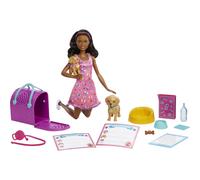 Barbie Pup Adoption Doll & Accessories Set with Color-Change 2 Pets Carrier & 10 Accessories Brunette Doll in Pink Dress