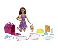 Barbie Pup Adoption Doll & Accessories Set with Color-Change, 2 Pets, Carrier & 10 Accessories, Brunette in Purple Dress, HKD86