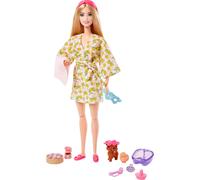 Doll, Kids Toys, Blonde Doll with Pet Puppy, Barbie Sets, Spa Day, Lemon Print Bathrobe, Headband and Eye Mask, Self-Care Series, HKT90