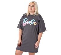 Barbie Womens T-Shirt Dress | Charcoal Grey Oversized Graphic Tee with Classic Pastel Rainbow Logo | Ladies Short Sleeve Outfit | Cute Fashionable Movie Merchandise Gift Top for Adults