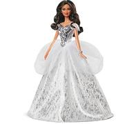 Barbie Signature 2021 Holiday Barbie Doll (12-inch Brunette Curly Hair) in Silver Gown, with Doll Stand and Certificate of Authenticity, Gift for 6 Year Olds and Up