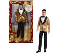 Barbie Signature 2025 Holiday Black Hair Ken Collectible Fashion Doll Wearing Full Suit with Golden Jacket in Displayable Packaging & Doll Stand