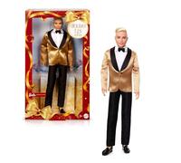 Barbie Signature 2025 Holiday Blonde Ken Collectible Fashion Doll wearing Full Suit with Golden Jacket in Displayable Packaging & Doll Stand, JGK55